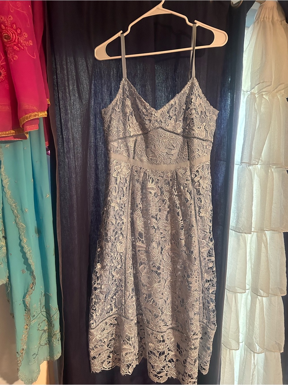 Ted Baker Gray Lace Midi Dress with Spaghetti Straps